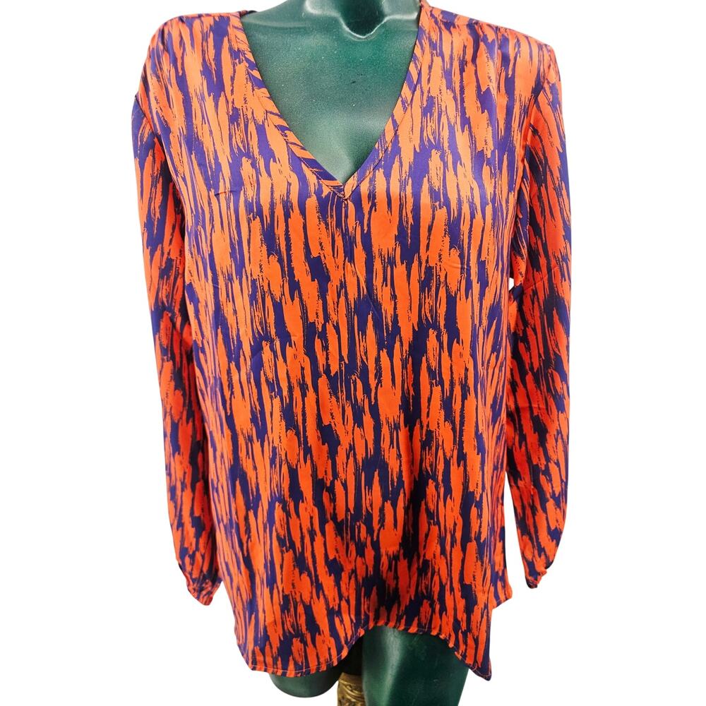 NEW Stewart Simmons Size V-Neck Long Sleeve Polyester Top M Orange Blue 4152